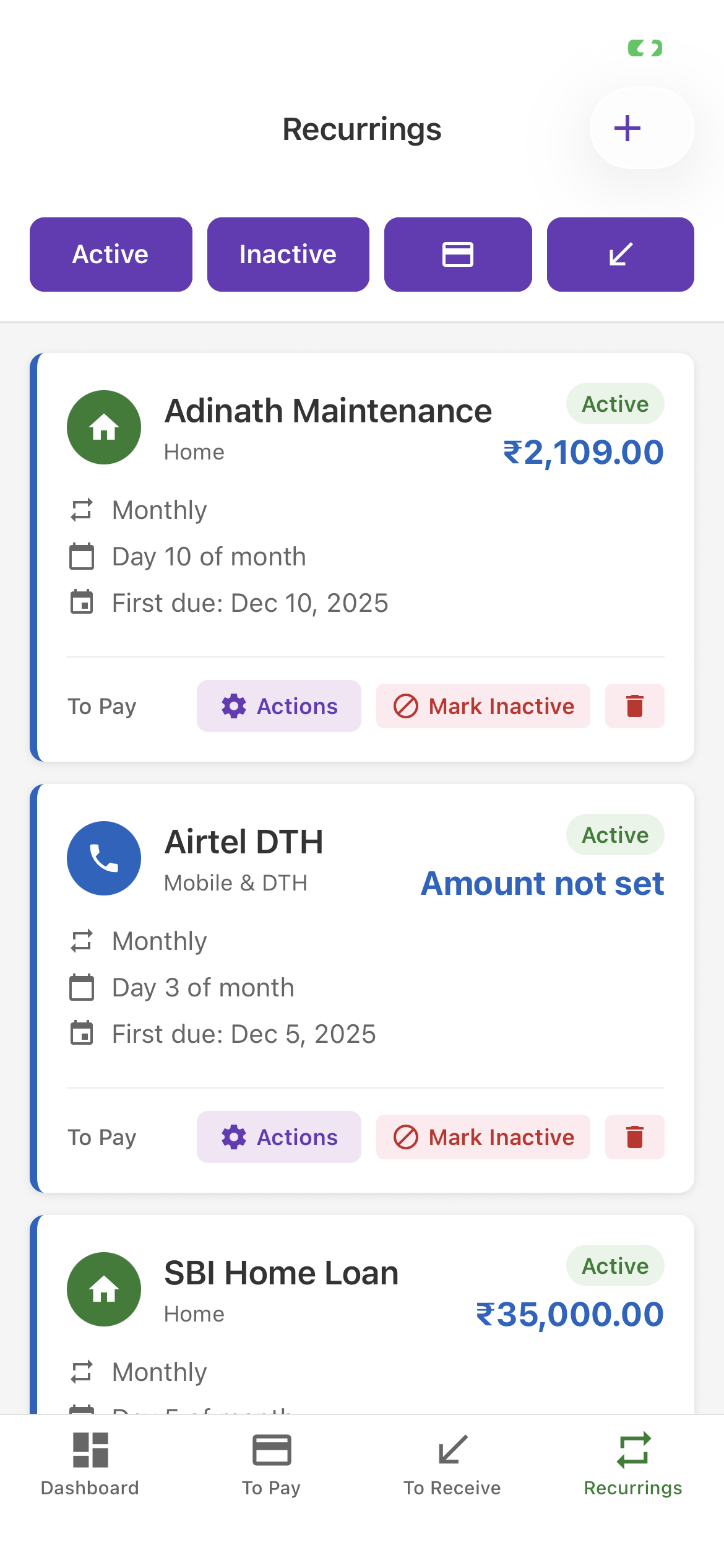 Loopay Recurrings screen showing active recurring bills with frequency and due dates