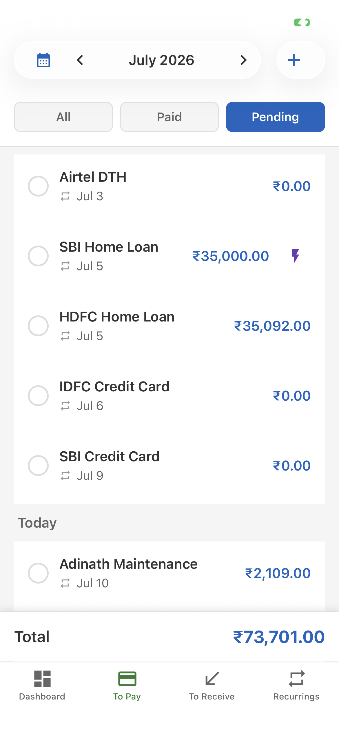 Loopay To Pay screen listing pending bills like home loans and credit cards