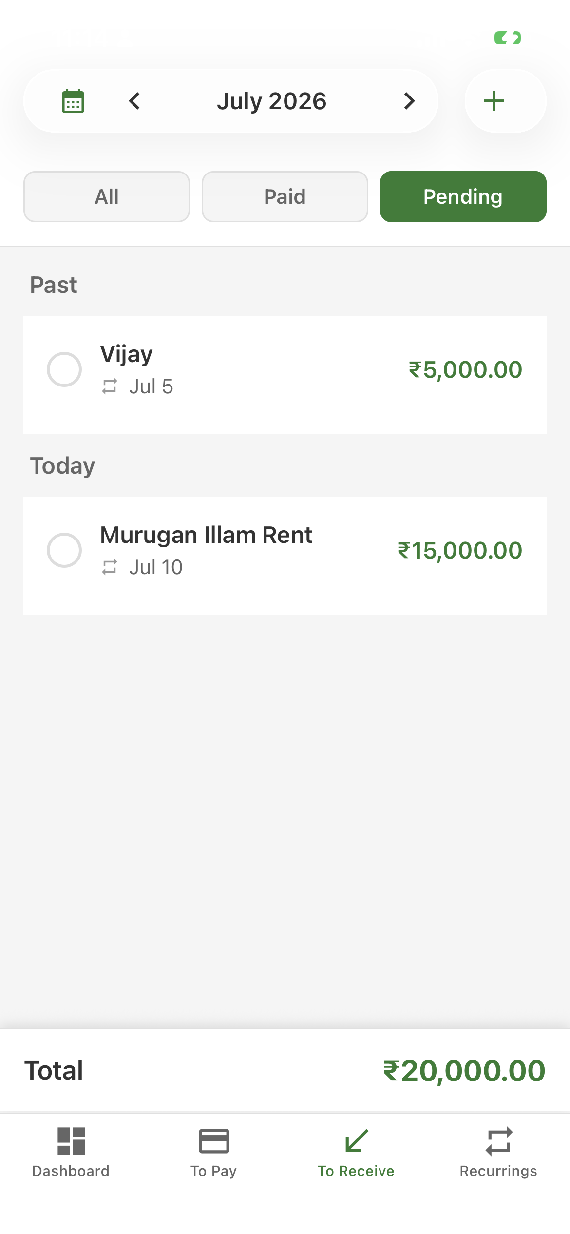 Loopay To Receive screen showing incoming payments like rent